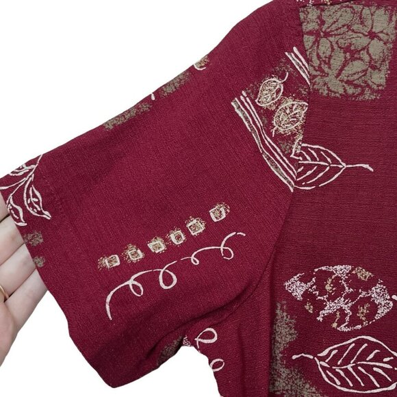 Liz Baker Womens Short Sleeve Button Up Top Sz S Maroon Botanical Island Resort - Picture 4 of 8